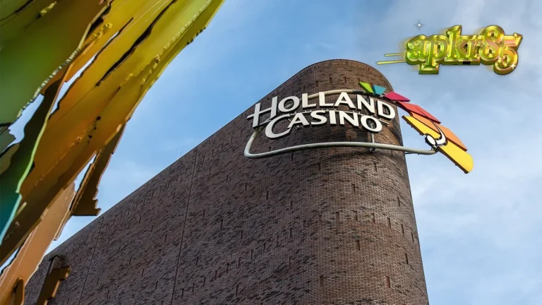 Logo Holland Casino Online dengan latar belakang kasino modern